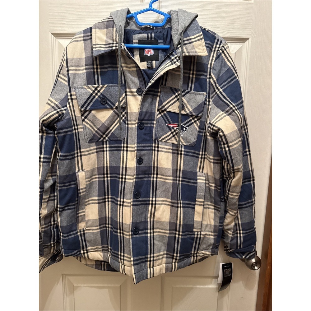 NWT NFL New England Patriots Jacket Sz S Blue Cream Plaid Full Zip Hooded